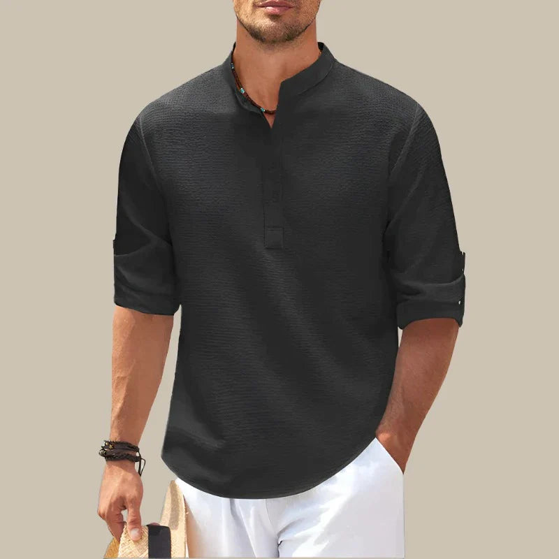 Marco - Camicia estiva in lino con colletto mao e scollatura a V