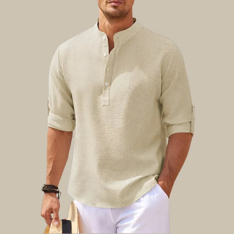 Marco - Camicia estiva in lino con colletto mao e scollatura a V