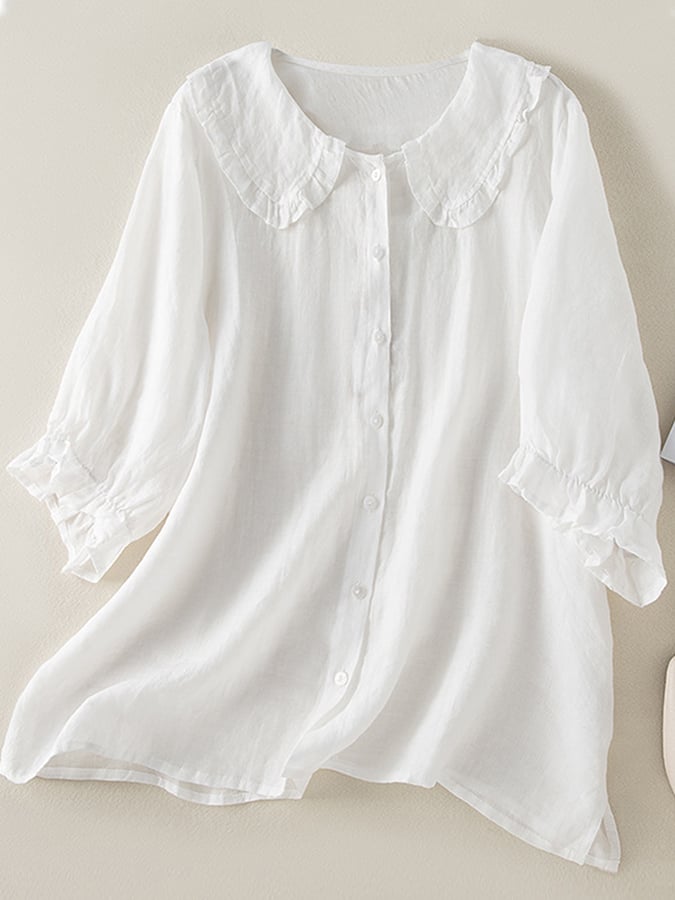 Camicia donna in cotone e lino con collo a Peter Pan e rouches