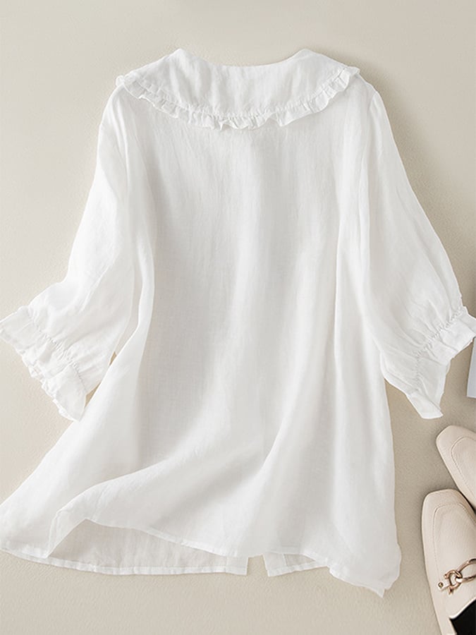 Camicia donna in cotone e lino con collo a Peter Pan e rouches