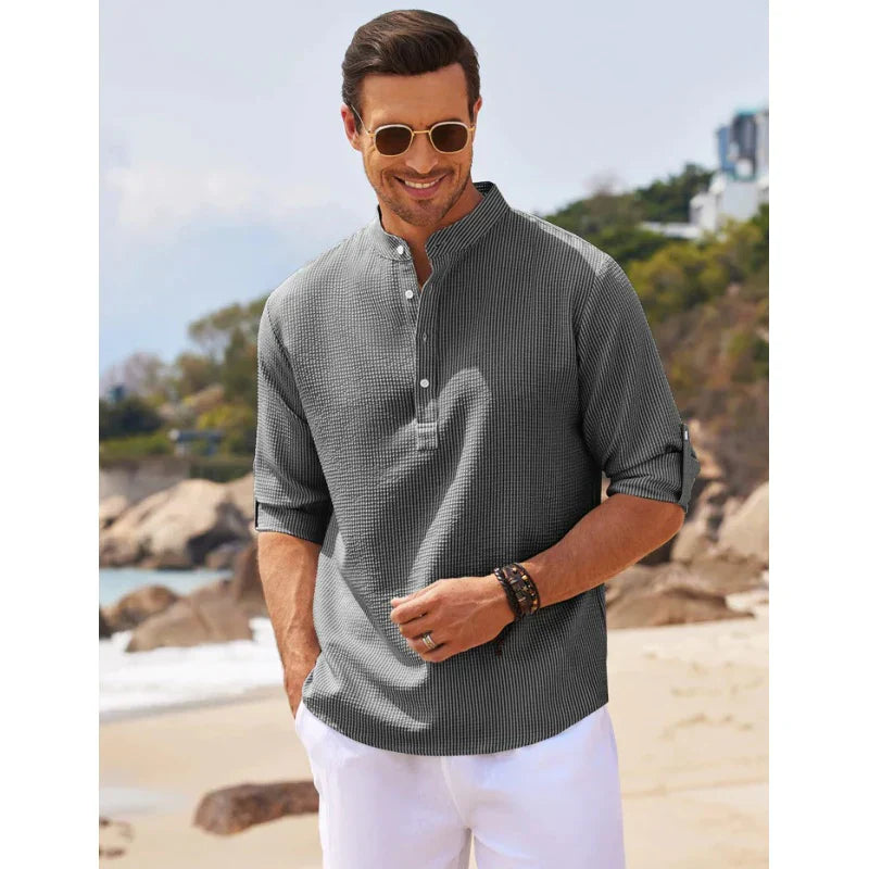 Marco - Camicia estiva in lino con colletto mao e scollatura a V