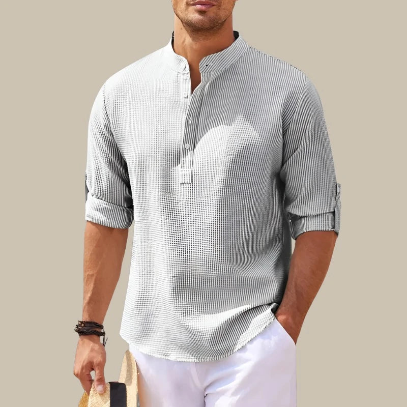 Marco - Camicia estiva in lino con colletto mao e scollatura a V