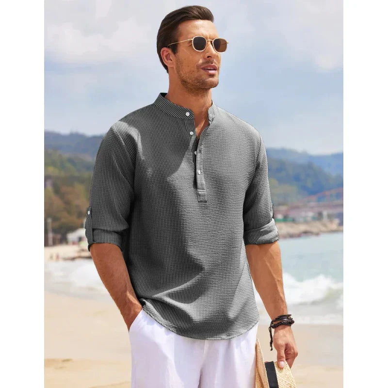 Marco - Camicia estiva in lino con colletto mao e scollatura a V