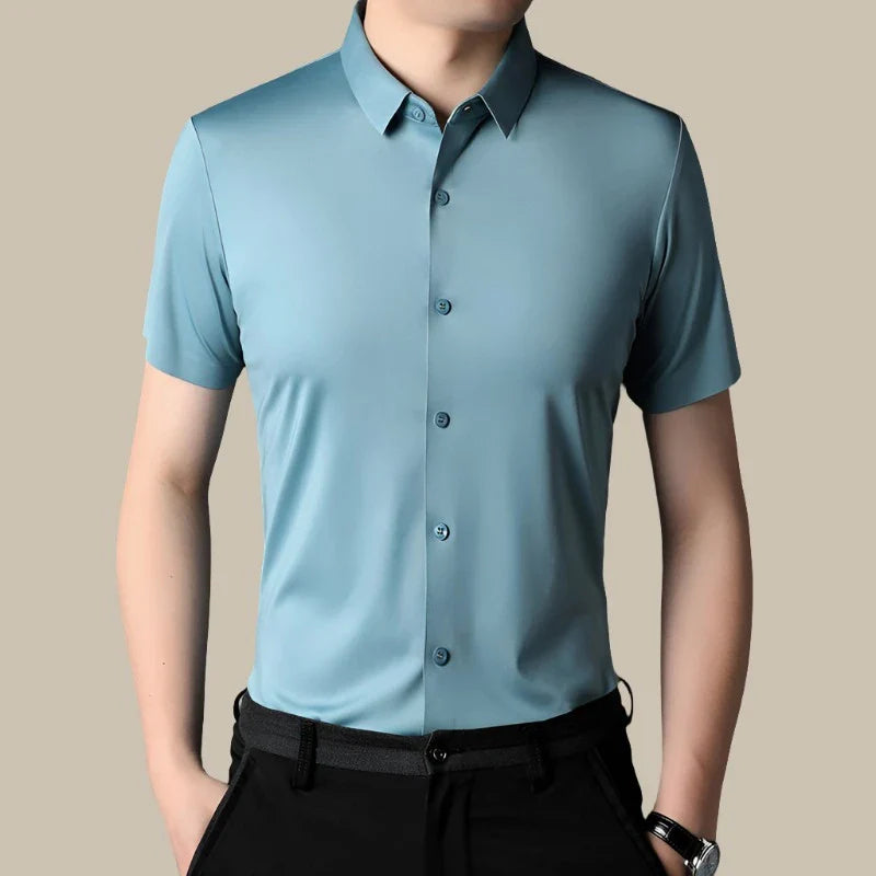 Valerio - Camicia elegante a maniche corte con finitura lucida per uomo