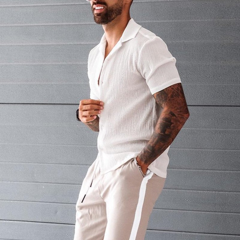 Camicia a Maniche Corte in Mistura di Cotone e Lino per Uomo