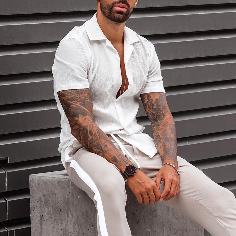 Camicia a Maniche Corte in Mistura di Cotone e Lino per Uomo