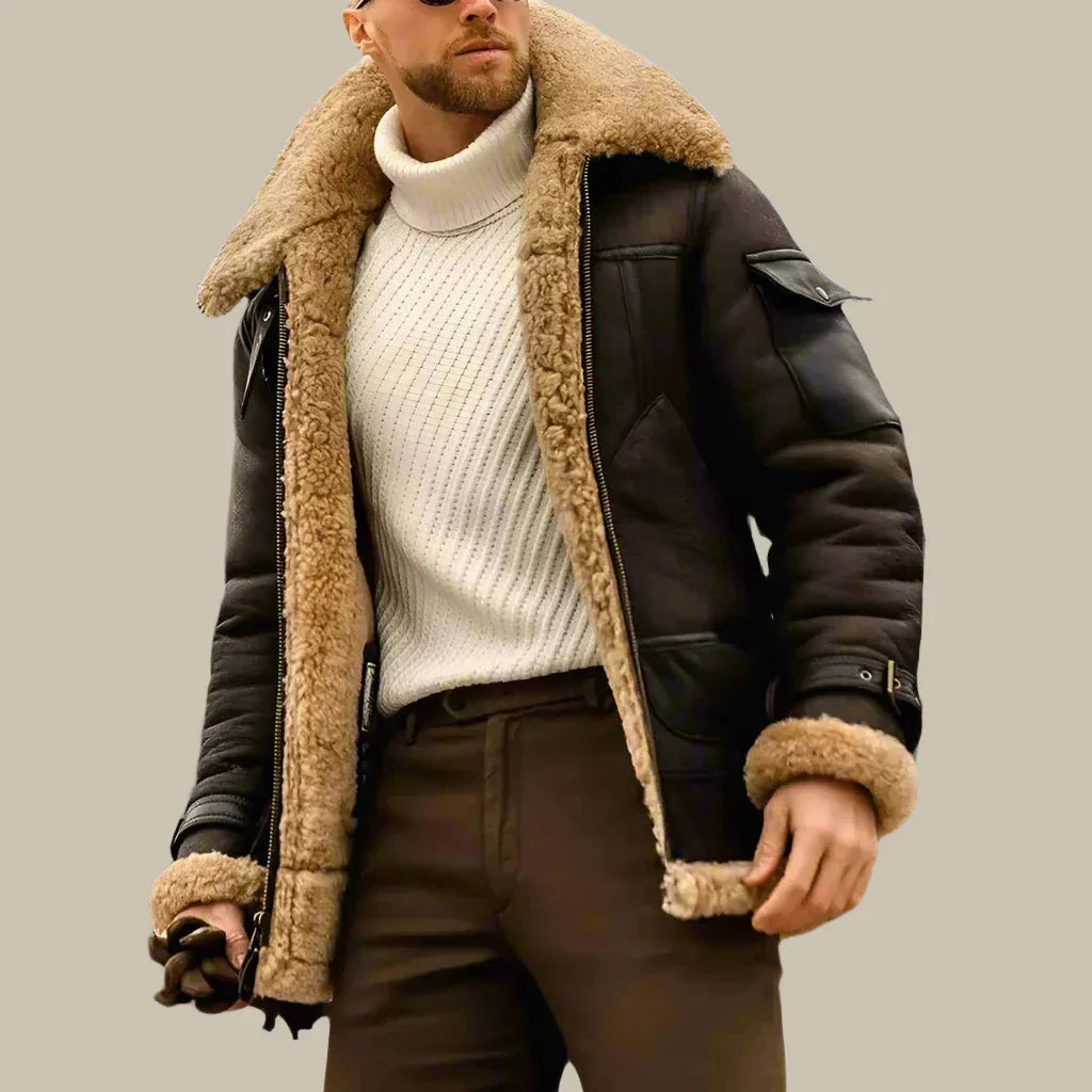 Giacca Invernale Aviatore | Elegante giacca lunga in pelle da uomo con fodera in lana