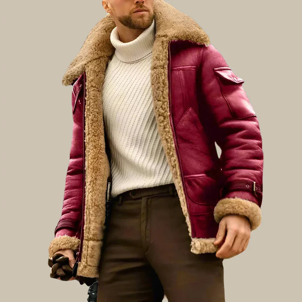 Giacca Invernale Aviatore | Elegante giacca lunga in pelle da uomo con fodera in lana