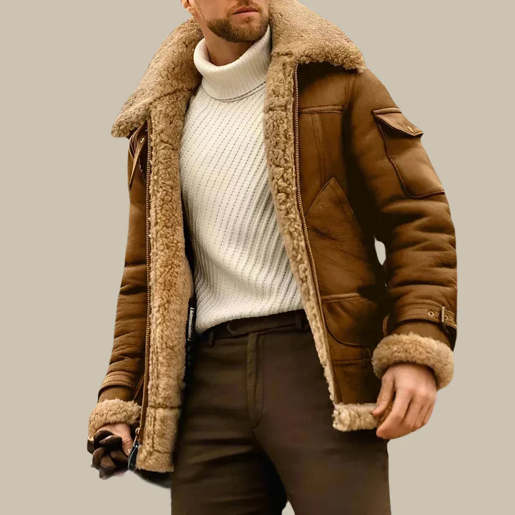 Giacca Invernale Aviatore | Elegante giacca lunga in pelle da uomo con fodera in lana