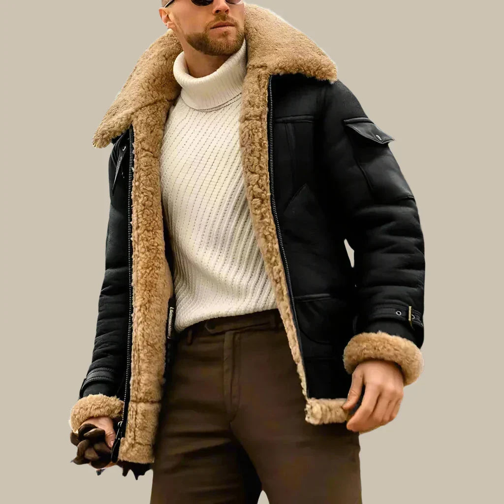 Giacca Invernale Aviatore | Elegante giacca lunga in pelle da uomo con fodera in lana