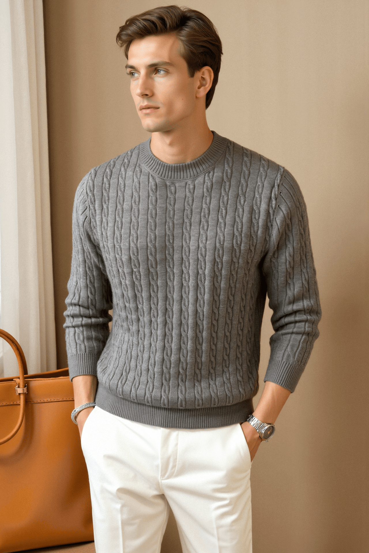 Pullover da uomo in cashmere a collo rotondo con lavorazione a trecce di alta qualità Stile Italiano
