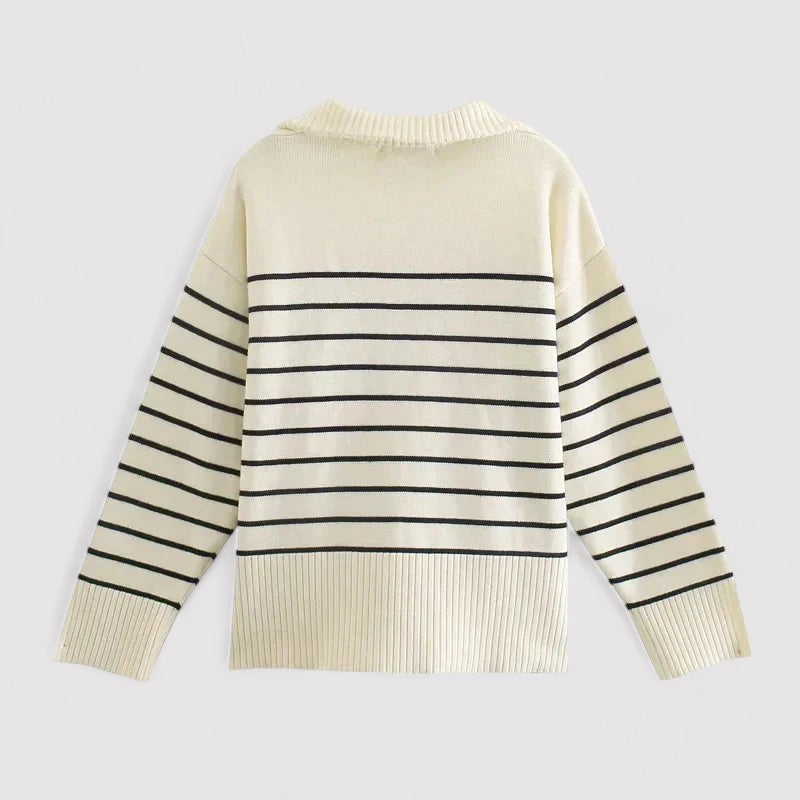 Maglione Donna Vintage Chic con Zip in Maglia con Strisce Beige e Blu Stile Italiano