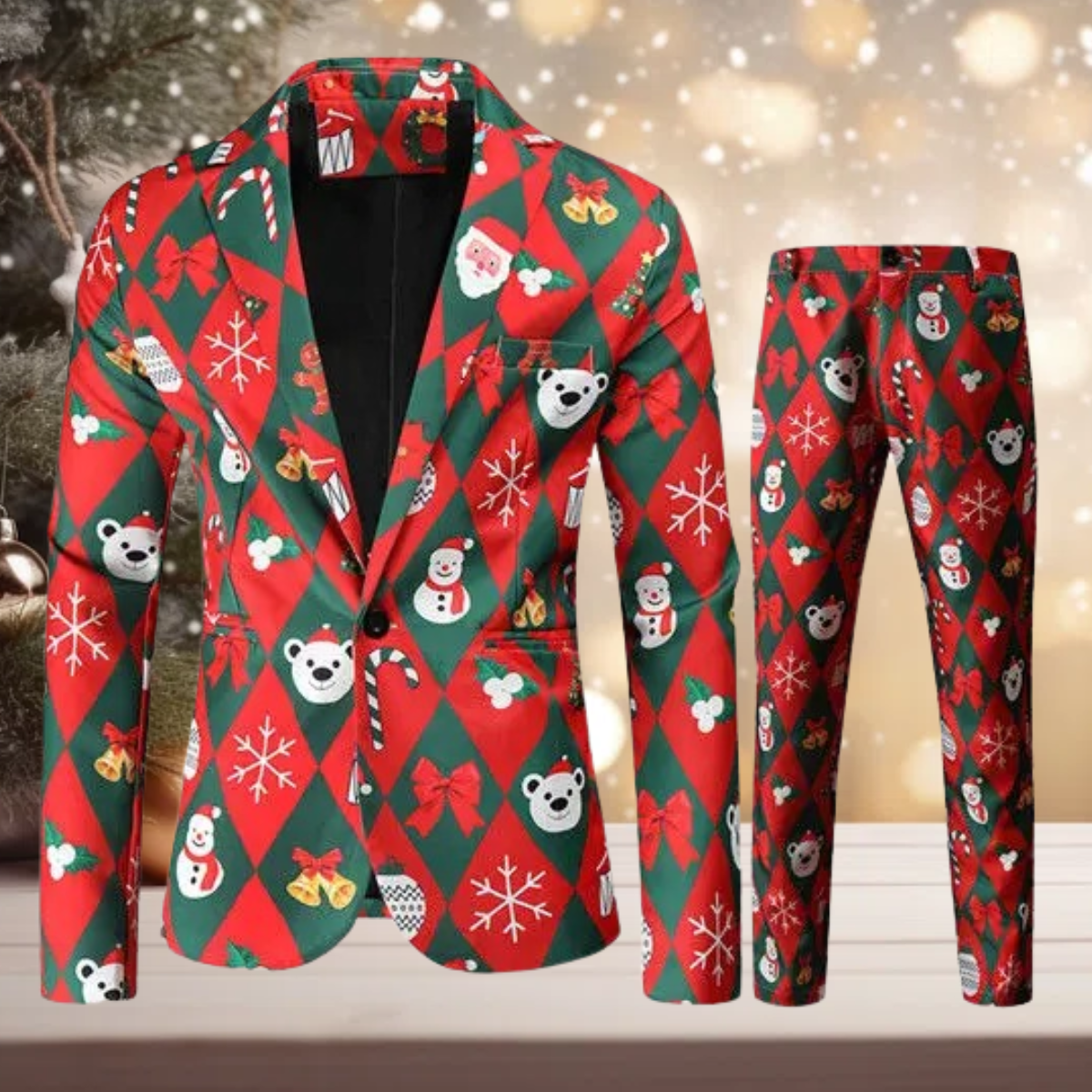 Claus – Completo Invernale Festivo con Blazer e Pantaloni a Tema Natalizio per Uomo