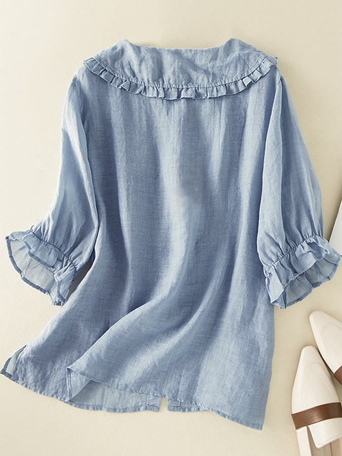 Camicia donna in cotone e lino con collo a Peter Pan e rouches