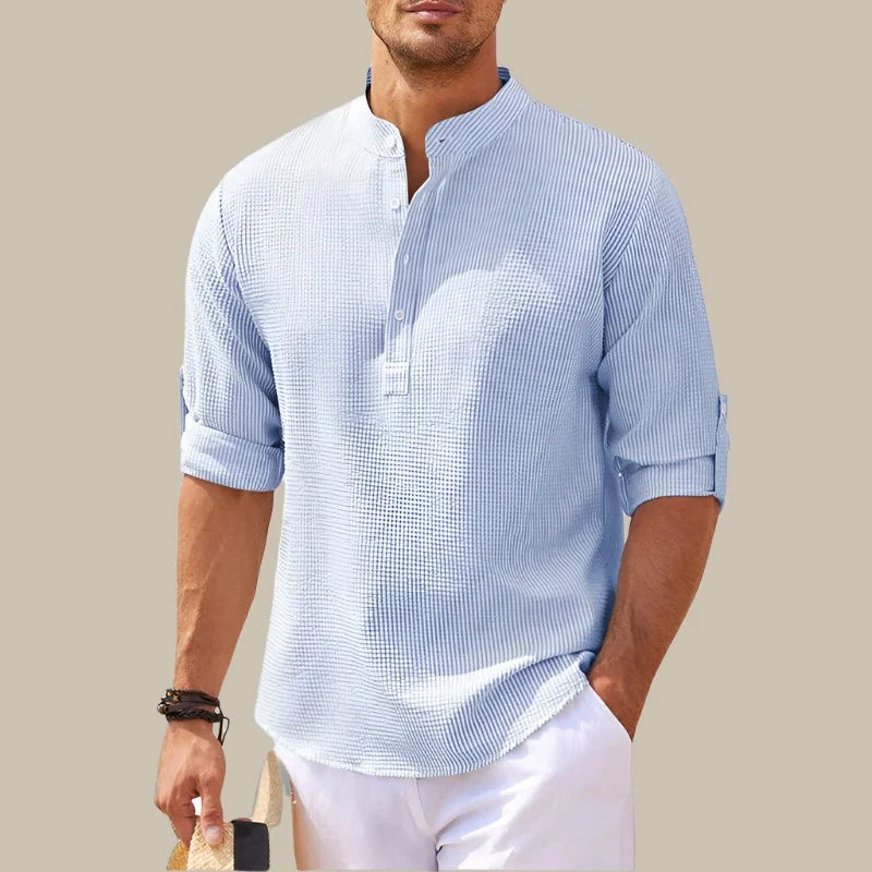 Marco - Camicia estiva in lino con colletto mao e scollatura a V