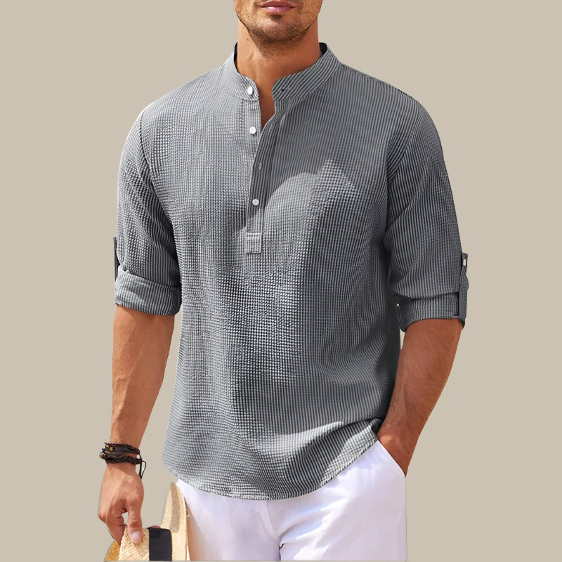 Marco - Camicia estiva in lino con colletto mao e scollatura a V