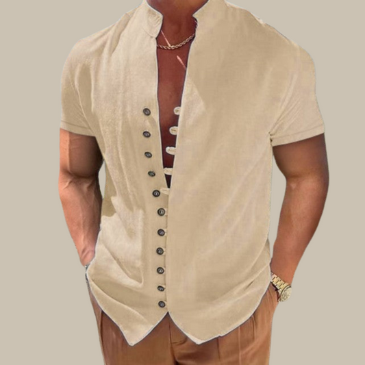 Marco - Elegante camicia estiva con colletto Mao e maniche corte per uomo