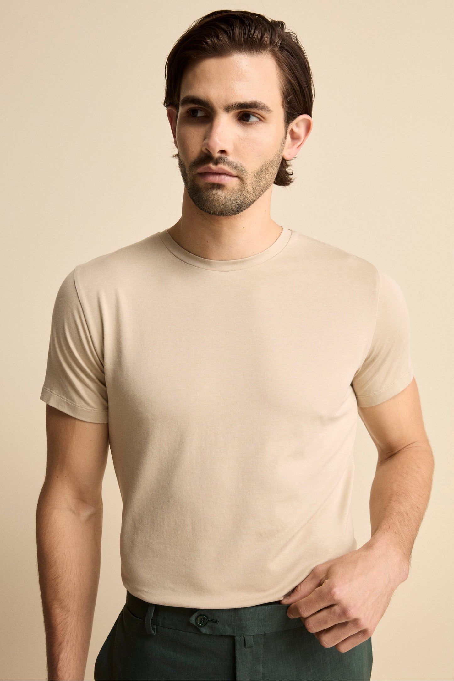 Crew Neck T-Shirt in Cotton Jersey - Sand brown
