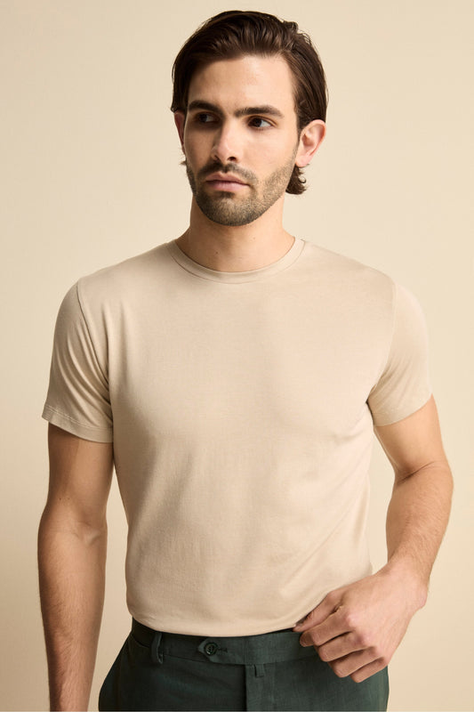 Crew Neck T-Shirt in Cotton Jersey - Sand brown