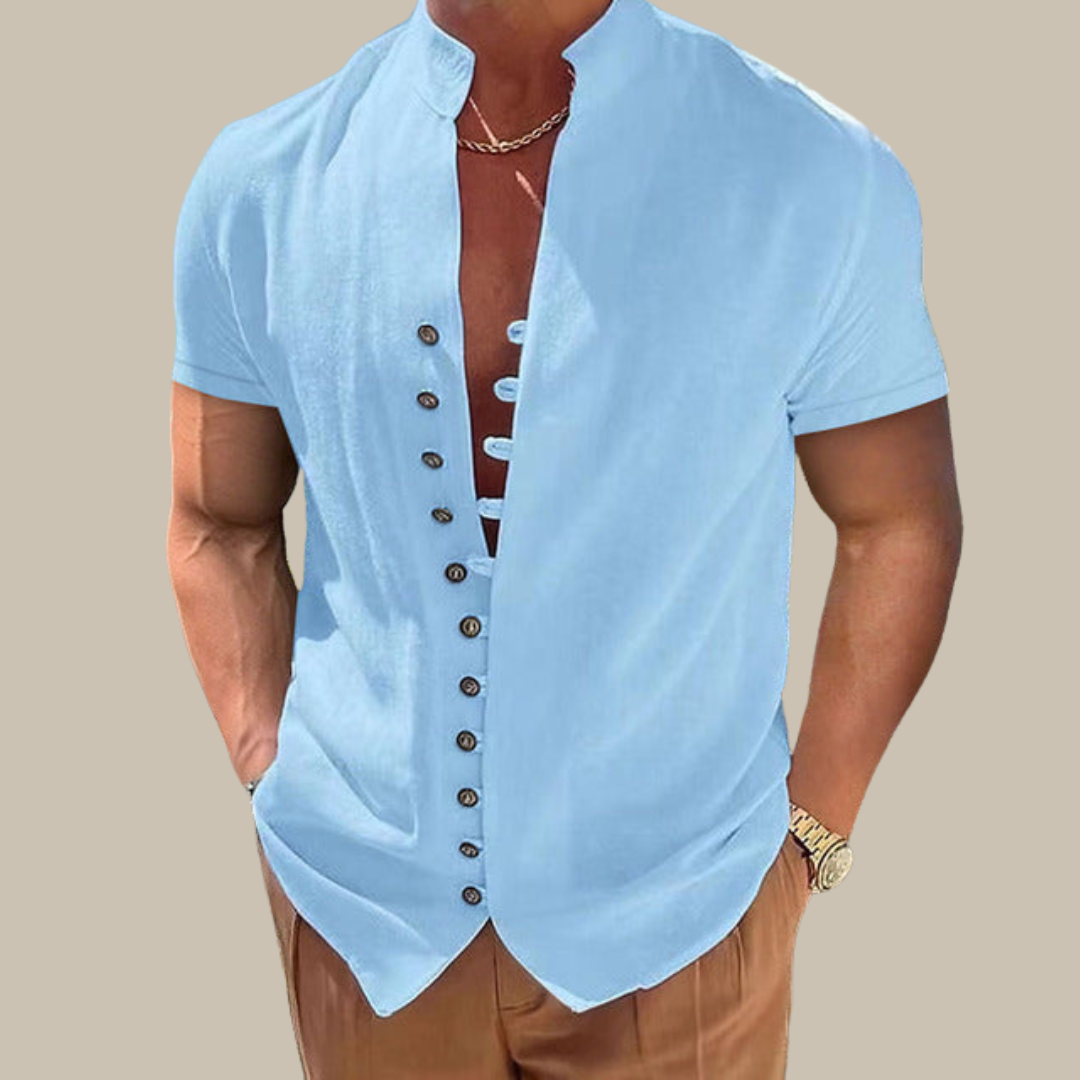 Marco - Elegante camicia estiva con colletto Mao e maniche corte per uomo