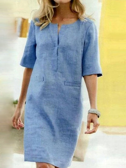 Abito Tunica Donna in Cotone e Lino - Manica Mezza, Collo V