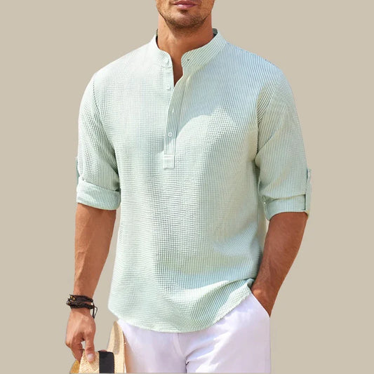 Marco - Camicia estiva in lino con colletto mao e scollatura a V