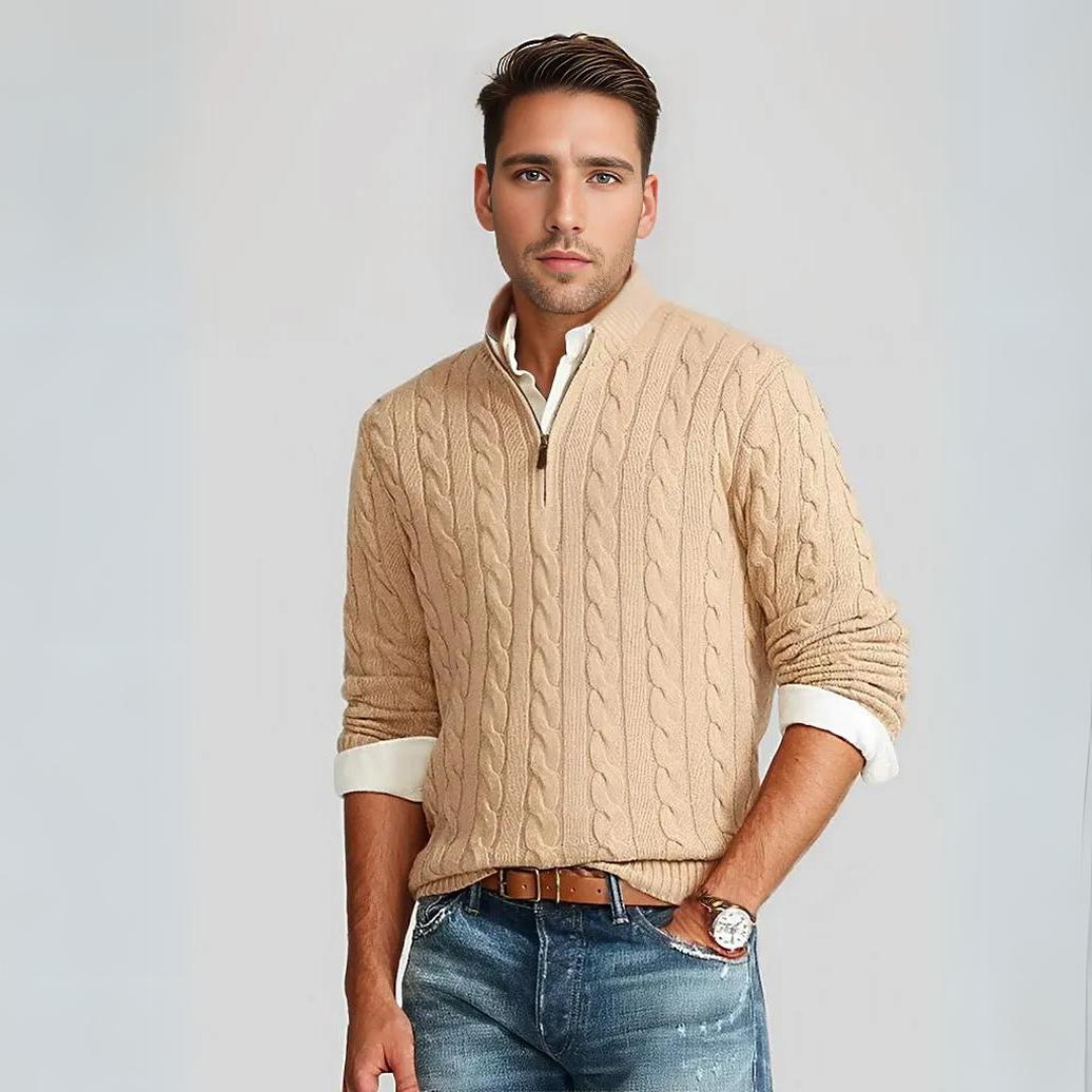 Maglione elegante con design a trecce e zip