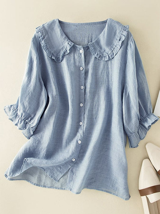 Camicia donna in cotone e lino con collo a Peter Pan e rouches