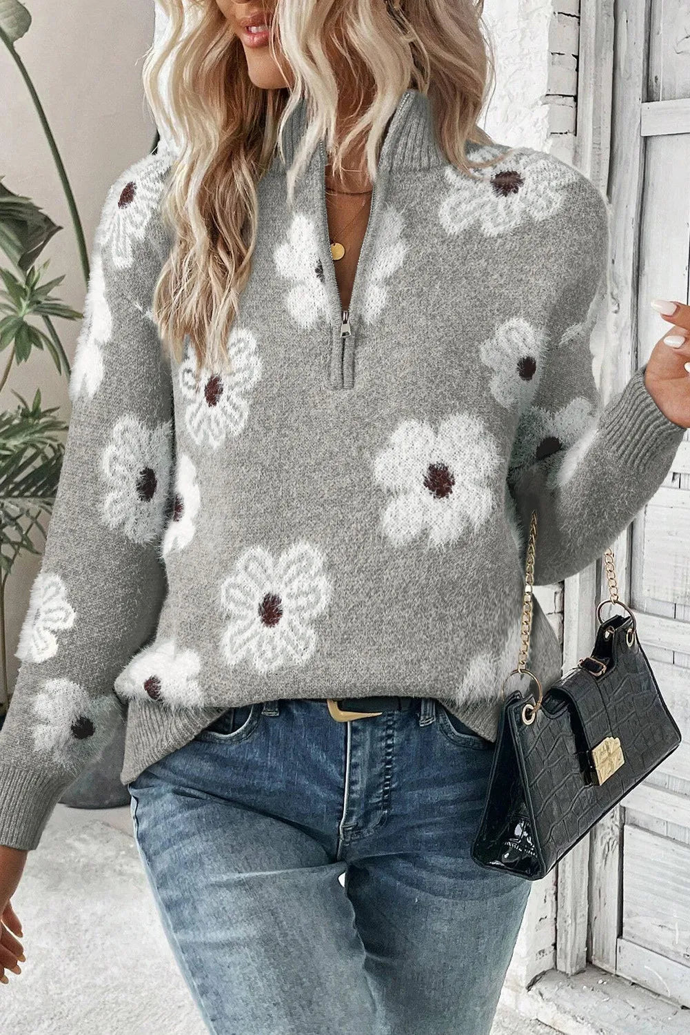 Maglione Adelynn in Maglia con Motivo Floreale e Mezza Zip