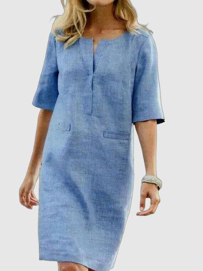 Abito Tunica Donna in Cotone e Lino - Manica Mezza, Collo V
