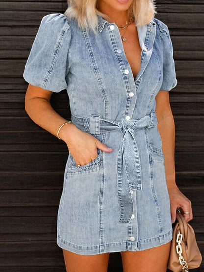 Abito Button-Up con Maniche a Palloncino Denim Delight per Look Eleganti Stile Italiano