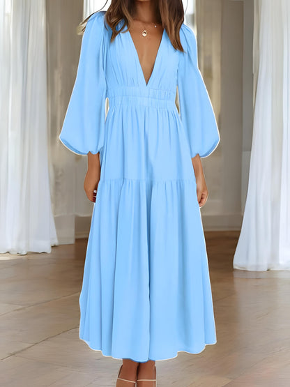 Abito Maxi con Maniche a Palloncino e Scollatura a V Profonda per Eleganza Stile Italiano