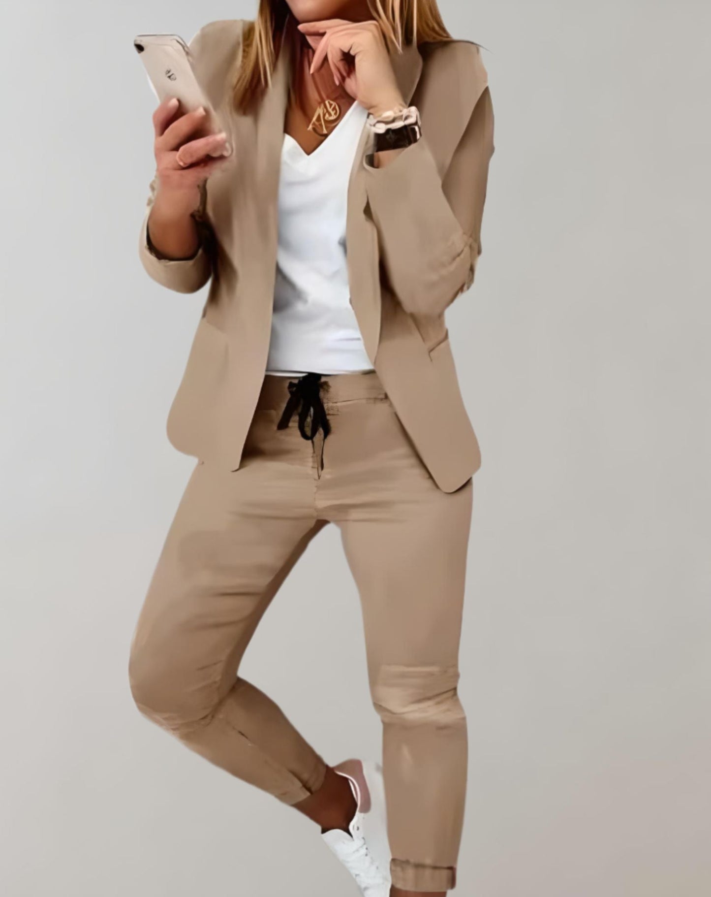 Ombeline - Set elegante con blazer a quadri sagomato e pantaloni coordinati