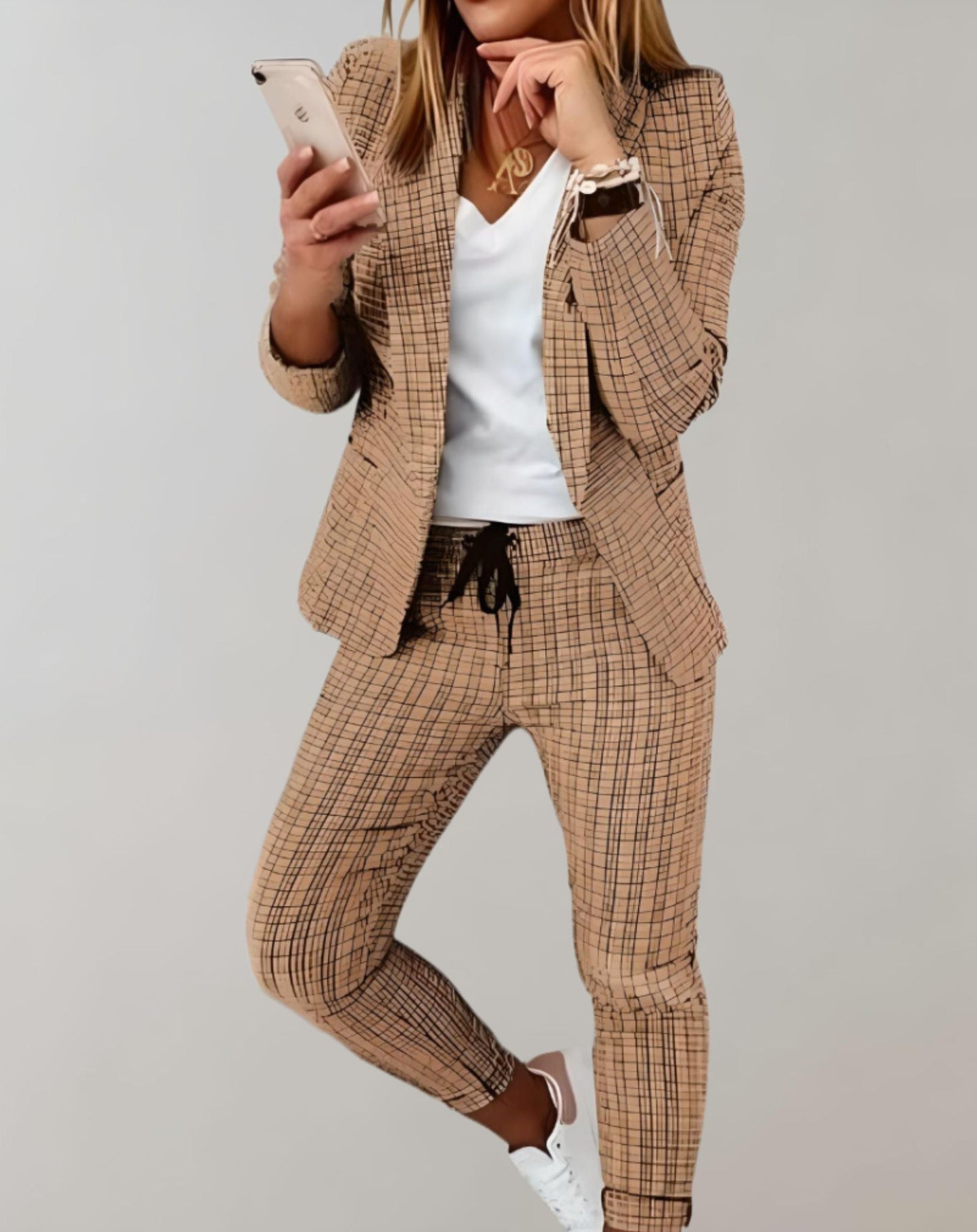 Ombeline - Set elegante con blazer a quadri sagomato e pantaloni coordinati