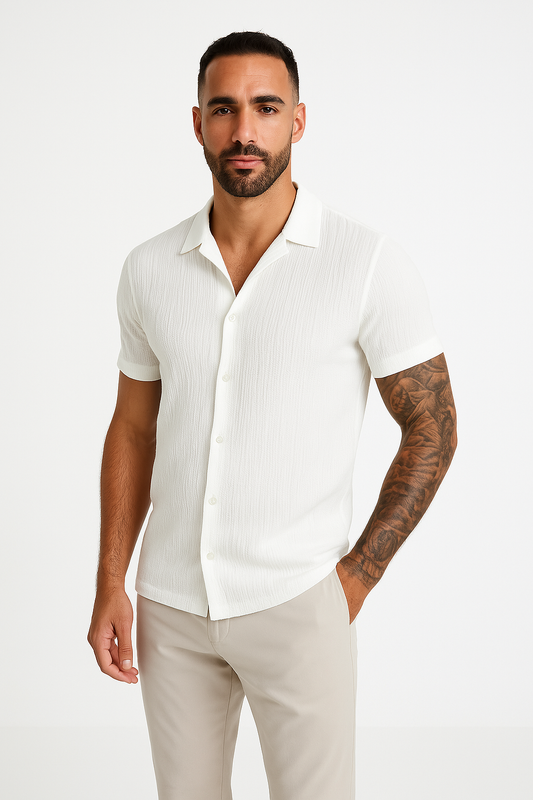 Camicia a Maniche Corte in Mistura di Cotone e Lino per Uomo