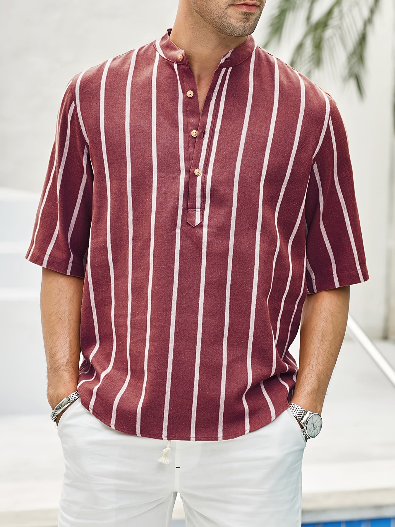 Blusa Carlisto - Camicia estiva a righe con scollo a V, colletto corto e chiusura a bottoni