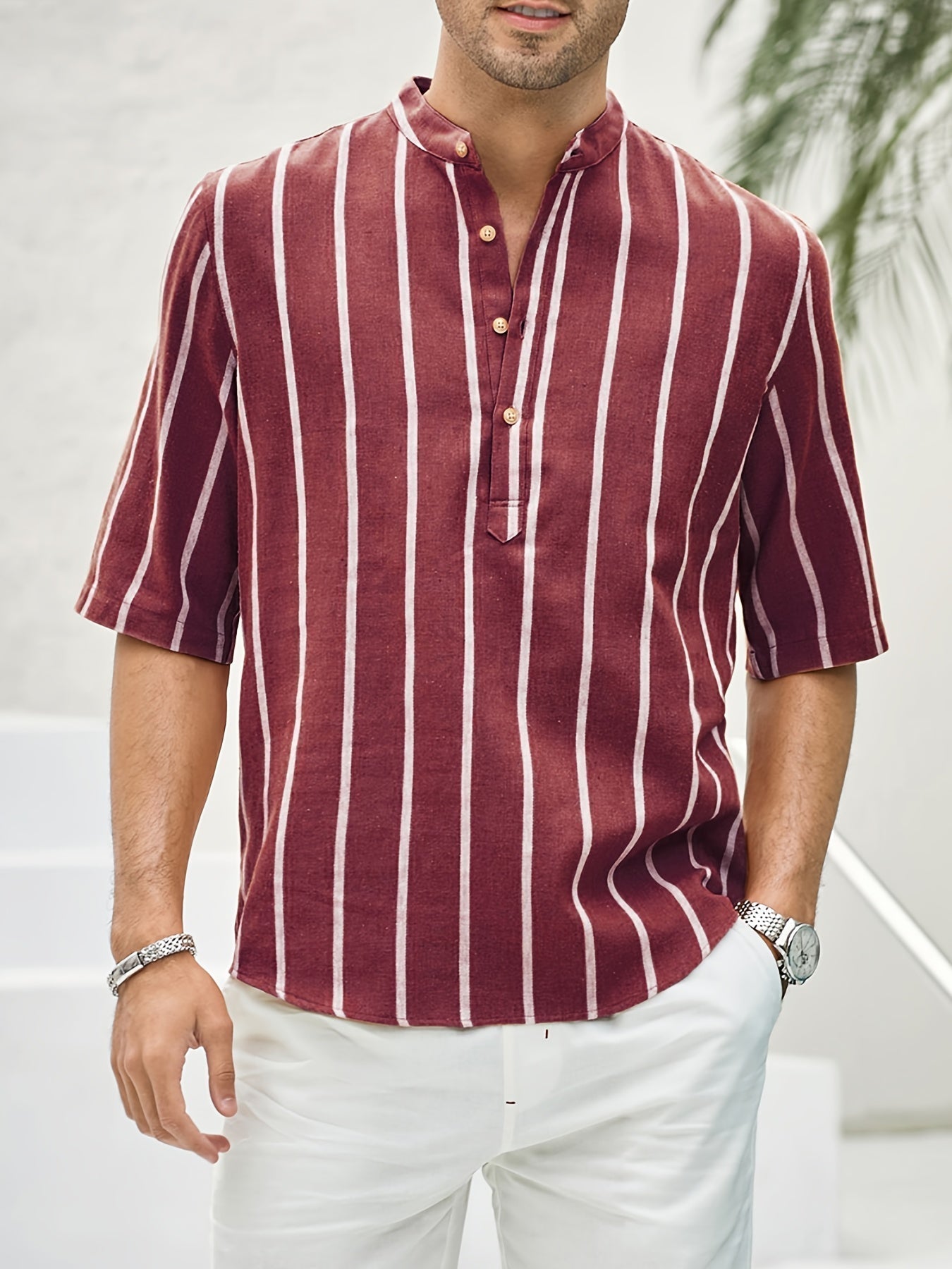 Blusa Carlisto - Camicia estiva a righe con scollo a V, colletto corto e chiusura a bottoni