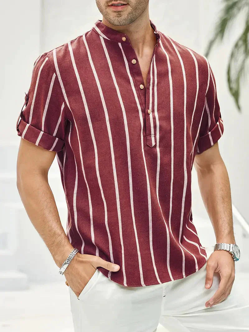 Blusa Carlisto - Camicia estiva a righe con scollo a V, colletto corto e chiusura a bottoni