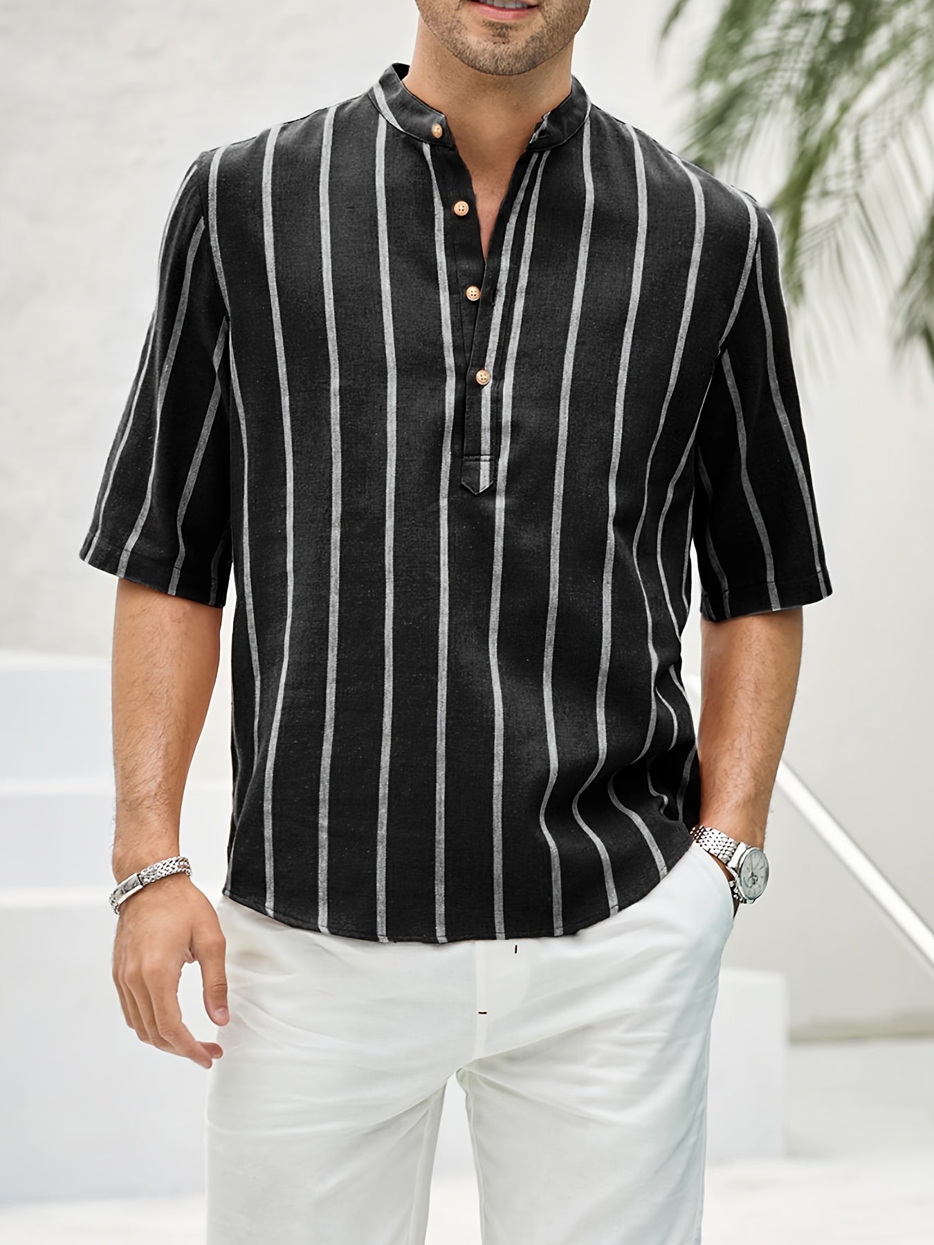 Blusa Carlisto - Camicia estiva a righe con scollo a V, colletto corto e chiusura a bottoni