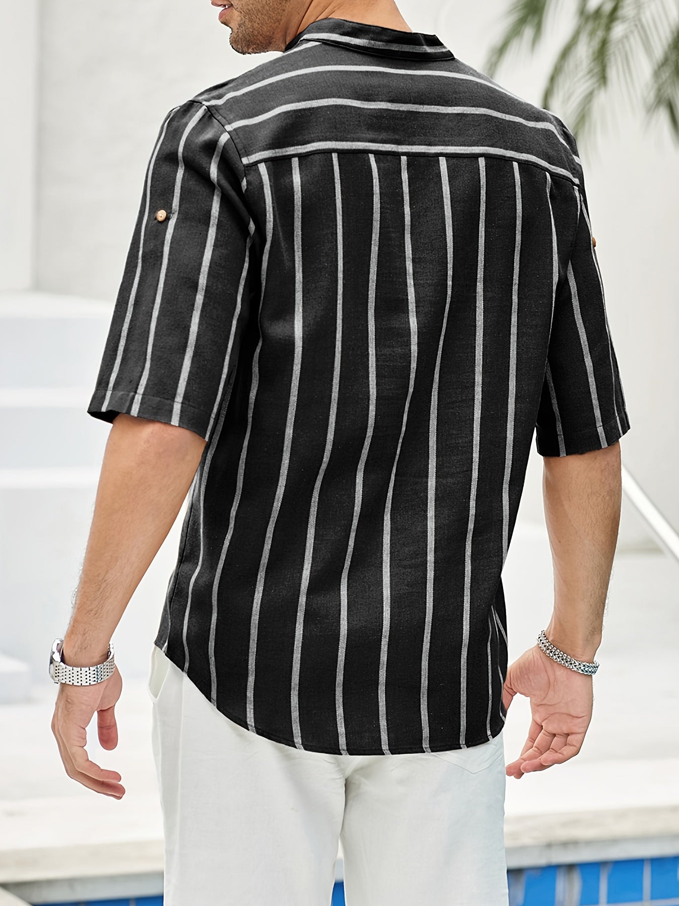 Blusa Carlisto - Camicia estiva a righe con scollo a V, colletto corto e chiusura a bottoni