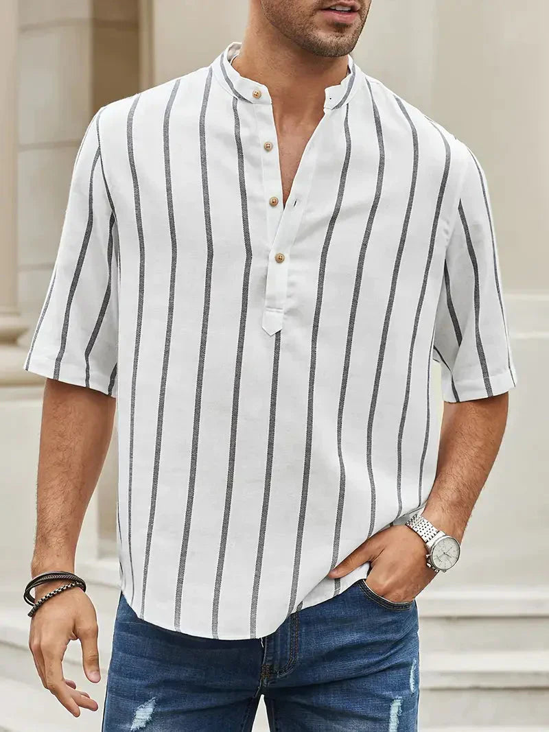 Blusa Carlisto - Camicia estiva a righe con scollo a V, colletto corto e chiusura a bottoni