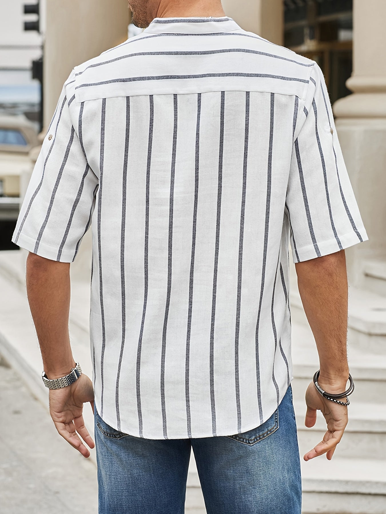 Blusa Carlisto - Camicia estiva a righe con scollo a V, colletto corto e chiusura a bottoni