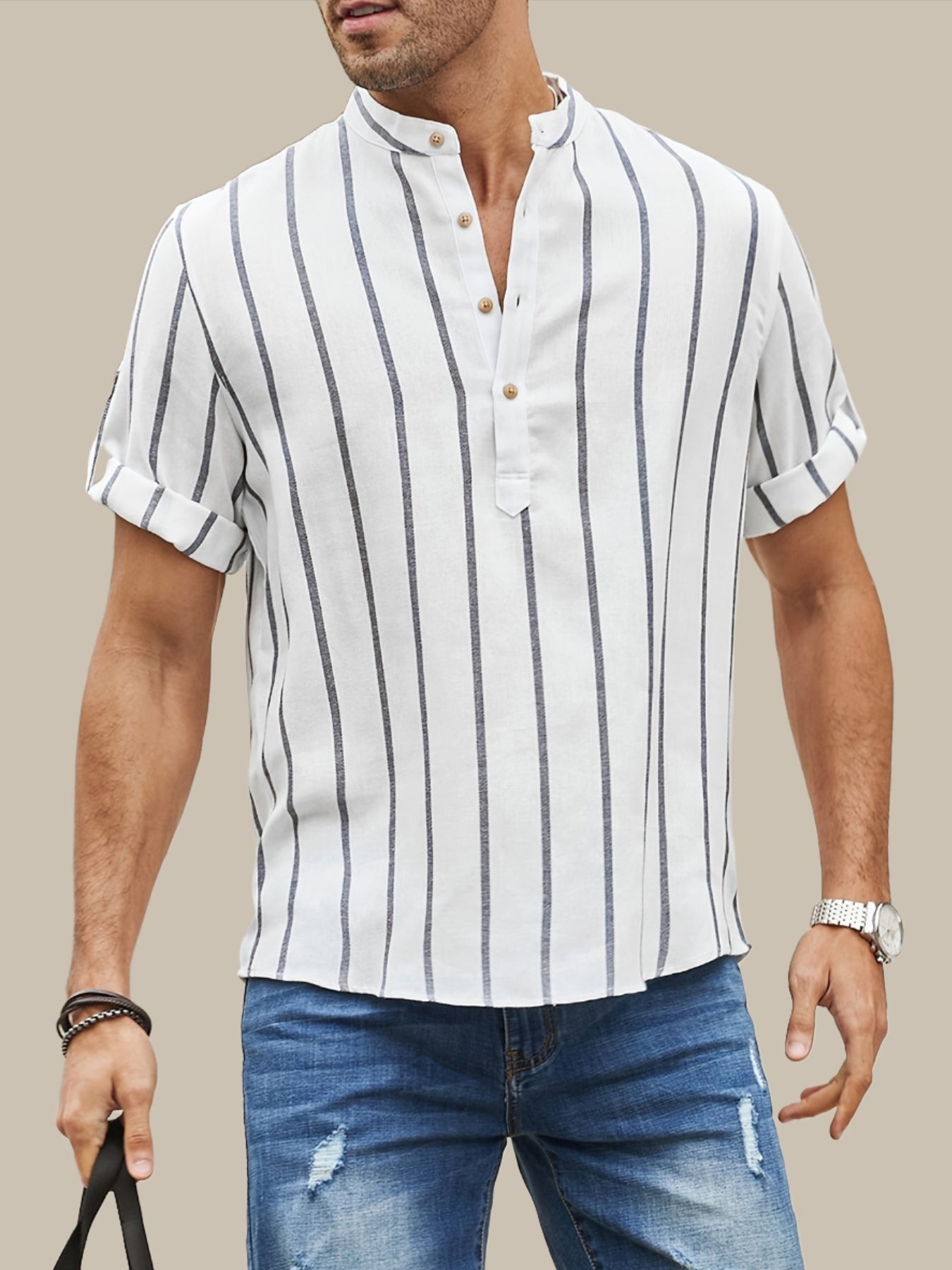 Blusa Carlisto - Camicia estiva a righe con scollo a V, colletto corto e chiusura a bottoni