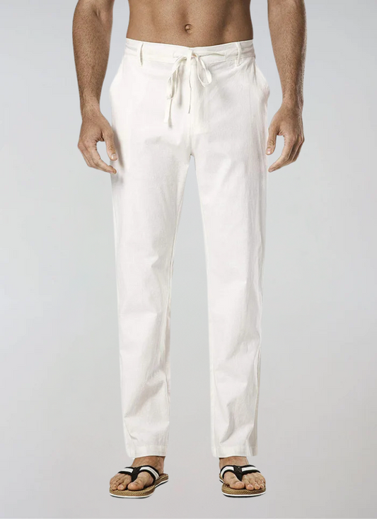 Eleganti Pantaloni in Lino con Dettagli in Cordonetto Bianco