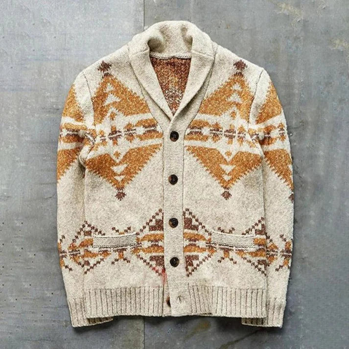 Mikaell – Cardigan a Maglia con Fantasia Vintage in Khaki per l’Autunno per Uomo