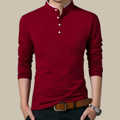 Camicia casual da uomo con maniche lunghe e colletto Mao, stile moderno e raffinato