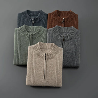 Cardigan in Cashmere Puro a Mezzo Zip con Design Costine Elegante e Confortevole Stile Italiano