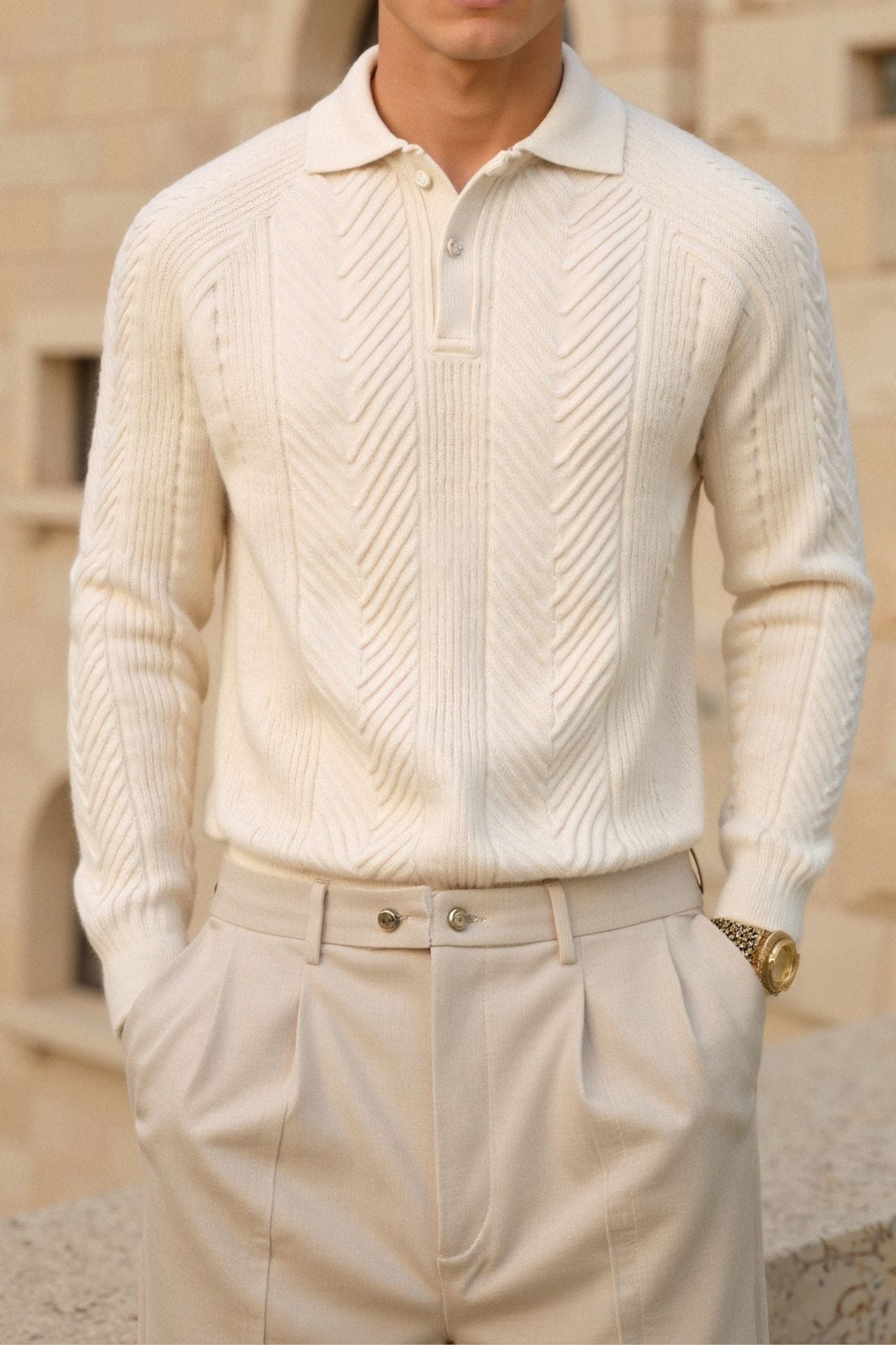 Maglione Golf Uomo Elegante Retro a Maniche Lunghe in Tessuto Testurizzato e Colori Solidi Stile Italiano