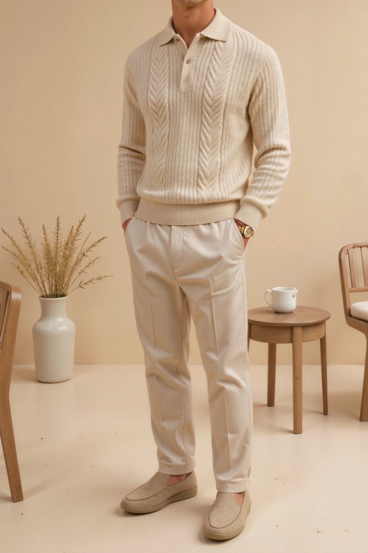 Maglione Golf Uomo Elegante Retro a Maniche Lunghe in Tessuto Testurizzato e Colori Solidi Stile Italiano