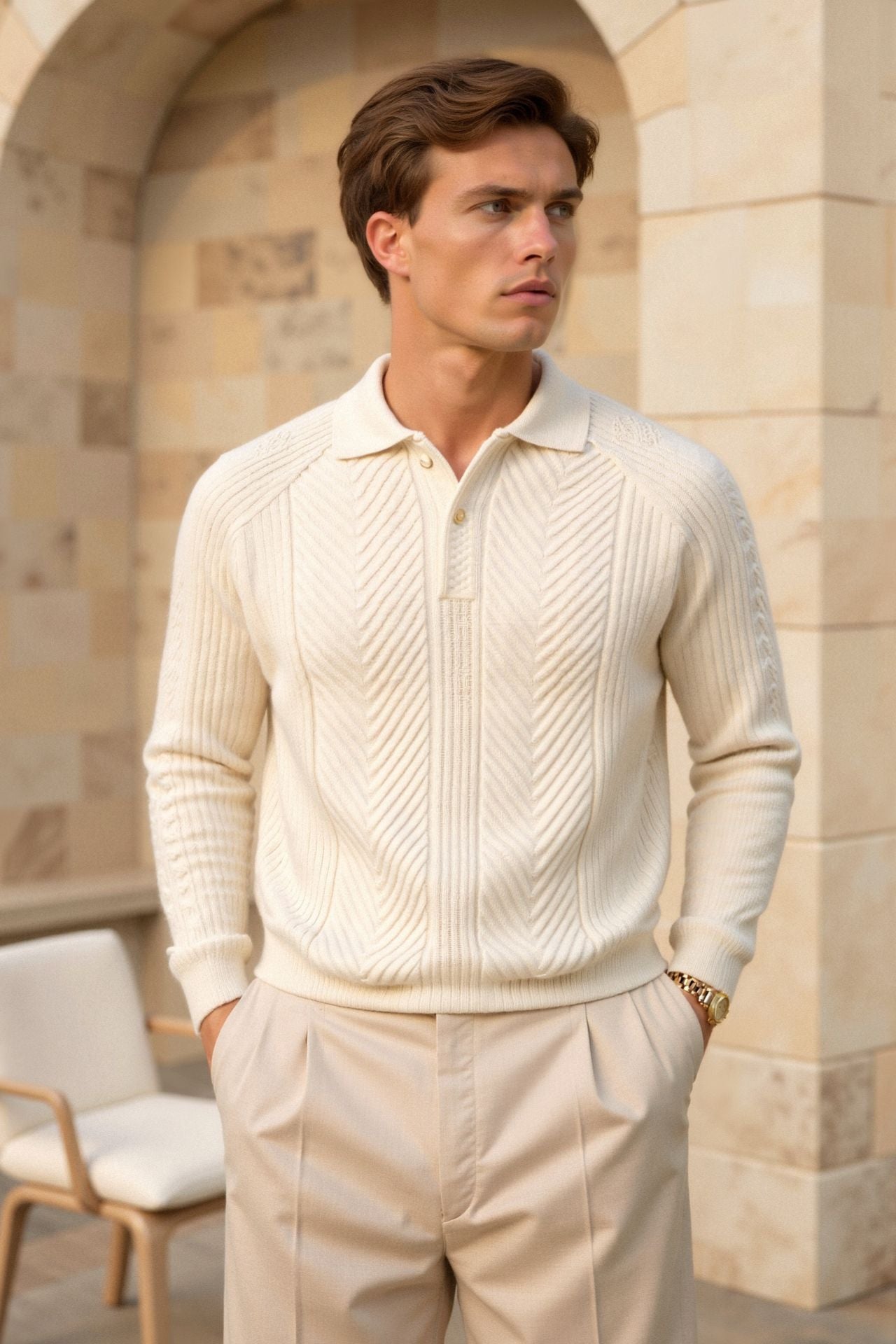 Maglione Golf Uomo Elegante Retro a Maniche Lunghe in Tessuto Testurizzato e Colori Solidi Stile Italiano